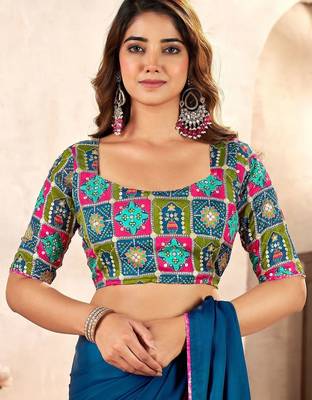 Blue kutchi embroidery satin designer saree 5