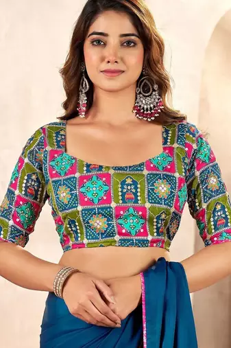 Blue kutchi embroidery satin designer saree