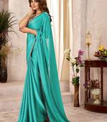 Turquoise kutchi embroidery satin designer saree