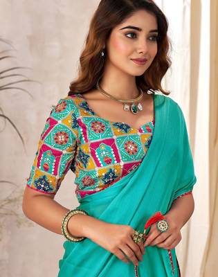 Turquoise kutchi embroidery satin designer saree 2