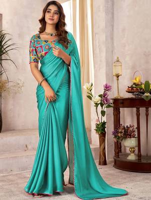 Turquoise kutchi embroidery satin designer saree 3