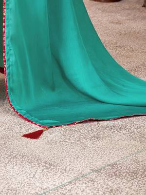Turquoise kutchi embroidery satin designer saree 4