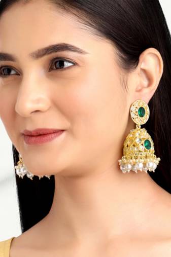 Kundan & beads studded green jhumki earrings ethnic jewelry for women