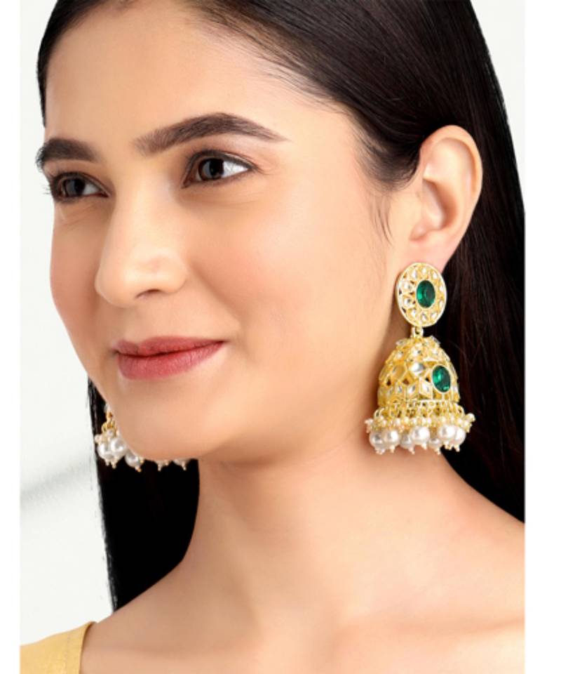 Kundan & beads studded green jhumki earrings ethnic jewelry for women