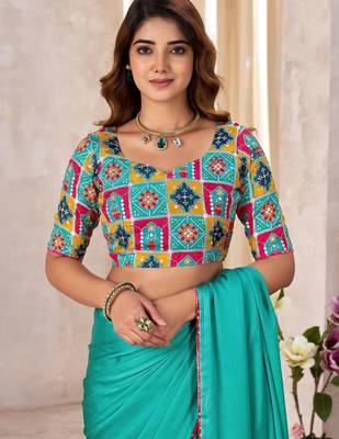 Turquoise kutchi embroidery satin designer saree 5