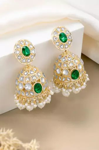 Kundan & beads studded green jhumki earrings ethnic jewelry for women