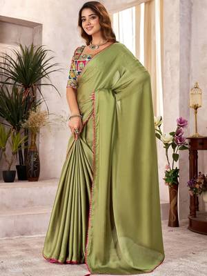 Olive kutchi embroidery satin saree 1