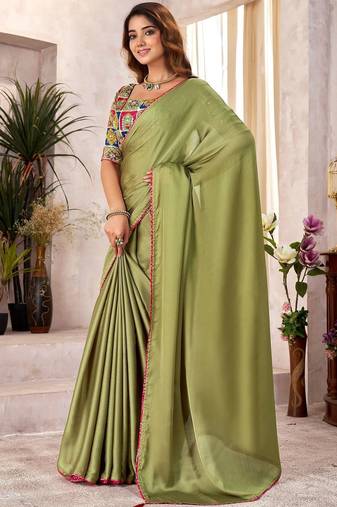 Olive kutchi embroidery satin saree