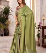 Olive kutchi embroidery satin saree