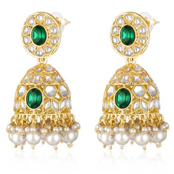 Kundan & beads studded green jhumki earrings ethnic jewelry for women 3