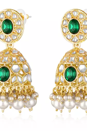 Kundan & beads studded green jhumki earrings ethnic jewelry for women