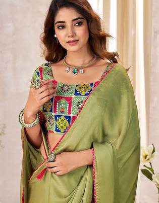 Olive kutchi embroidery satin saree 2