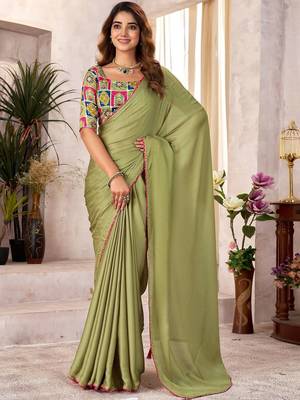 Olive kutchi embroidery satin saree 3
