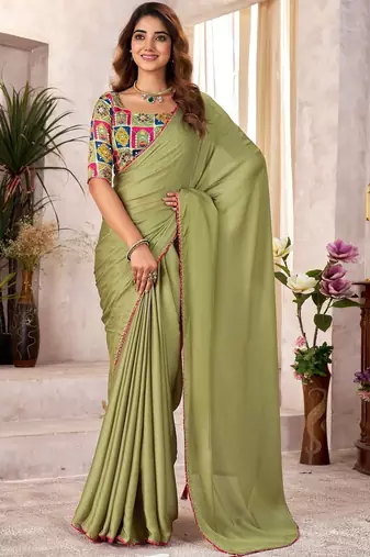 Olive kutchi embroidery satin saree