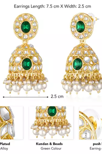Kundan & beads studded green jhumki earrings ethnic jewelry for women