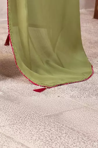 Olive kutchi embroidery satin saree