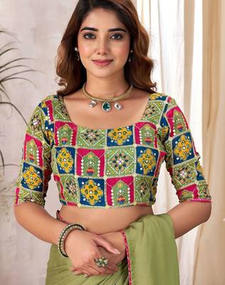 Olive kutchi embroidery satin saree 5
