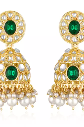 Kundan & beads studded green jhumki earrings ethnic jewelry for women
