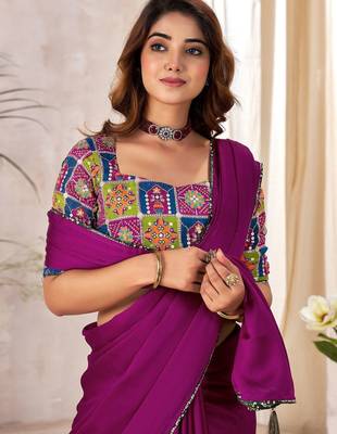 Purple sequinned satin saree 1