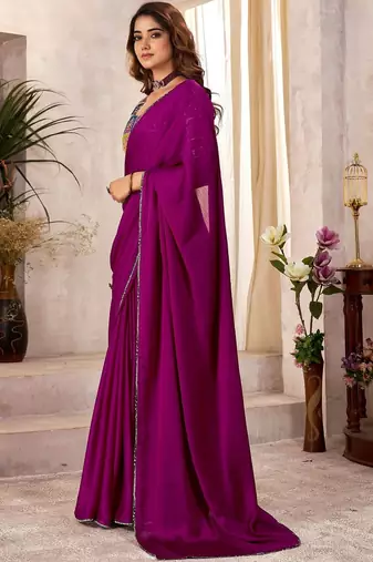 Purple sequinned satin saree