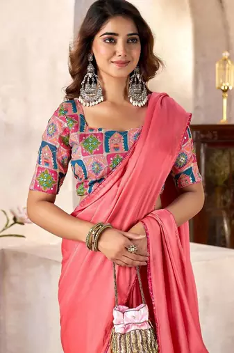 Peach ethnic motifs kutchi embroidery satin designer saree