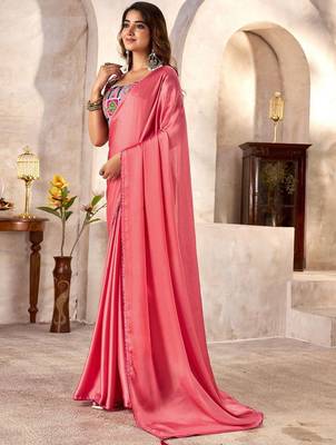 Peach ethnic motifs kutchi embroidery satin designer saree 2