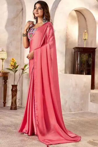 Peach ethnic motifs kutchi embroidery satin designer saree