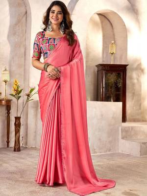 Peach ethnic motifs kutchi embroidery satin designer saree 3