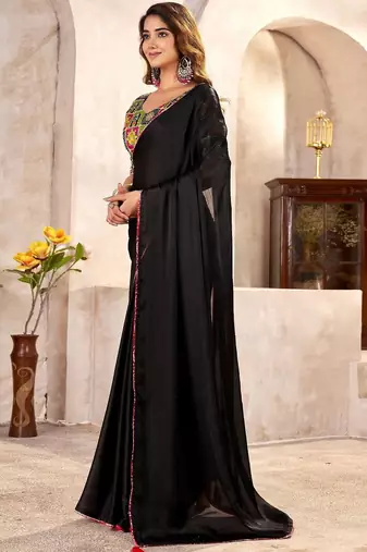 Black ethnic motifs kutchi embroidery satin designer saree