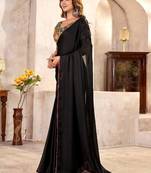 Black ethnic motifs kutchi embroidery satin designer saree