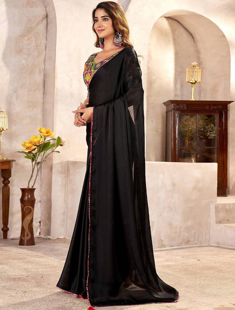 Black ethnic motifs kutchi embroidery satin designer saree
