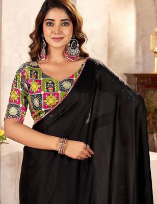 Black ethnic motifs kutchi embroidery satin designer saree 2
