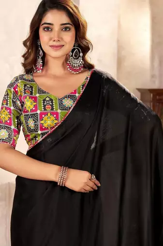 Black ethnic motifs kutchi embroidery satin designer saree