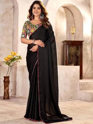 Black ethnic motifs kutchi embroidery satin designer saree 3