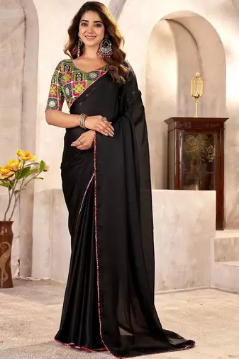 Black ethnic motifs kutchi embroidery satin designer saree