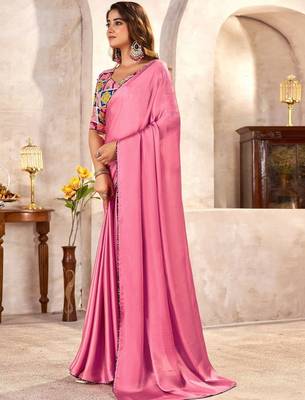 Pink kutchi embroidery satin designer saree 1