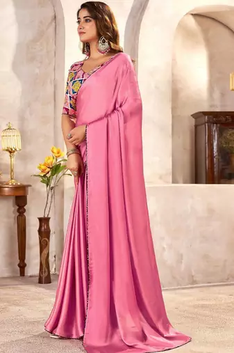 Pink kutchi embroidery satin designer saree