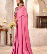 Pink kutchi embroidery satin designer saree