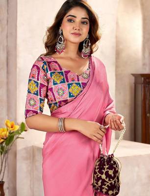 Pink kutchi embroidery satin designer saree 2