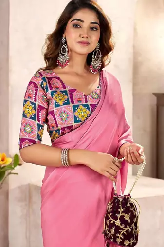 Pink kutchi embroidery satin designer saree