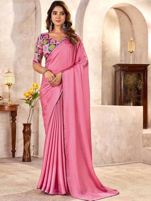 Pink kutchi embroidery satin designer saree 3