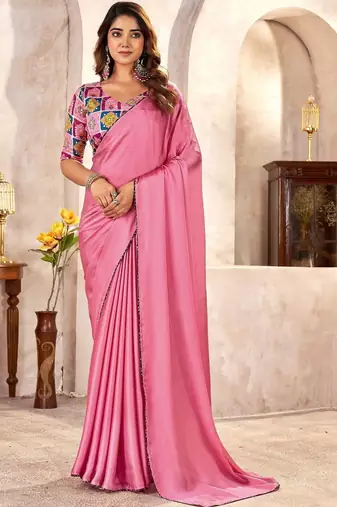 Pink kutchi embroidery satin designer saree