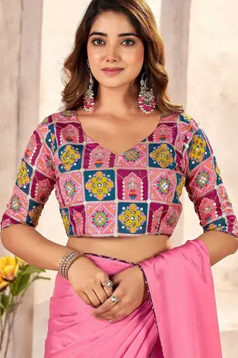 Pink kutchi embroidery satin designer saree