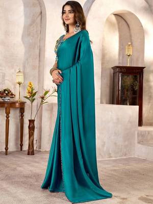 Teal kutchi embroidery satin saree 1