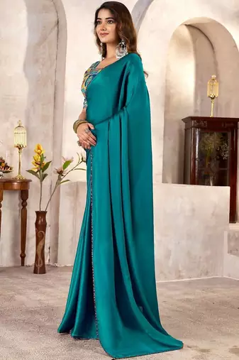 Teal kutchi embroidery satin saree