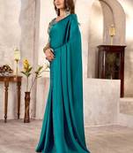 Teal kutchi embroidery satin saree