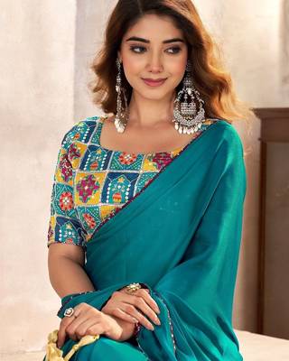 Teal kutchi embroidery satin saree 2
