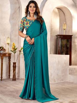 Teal kutchi embroidery satin saree 3