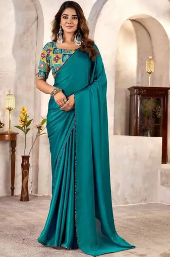 Teal kutchi embroidery satin saree