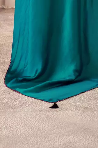 Teal kutchi embroidery satin saree